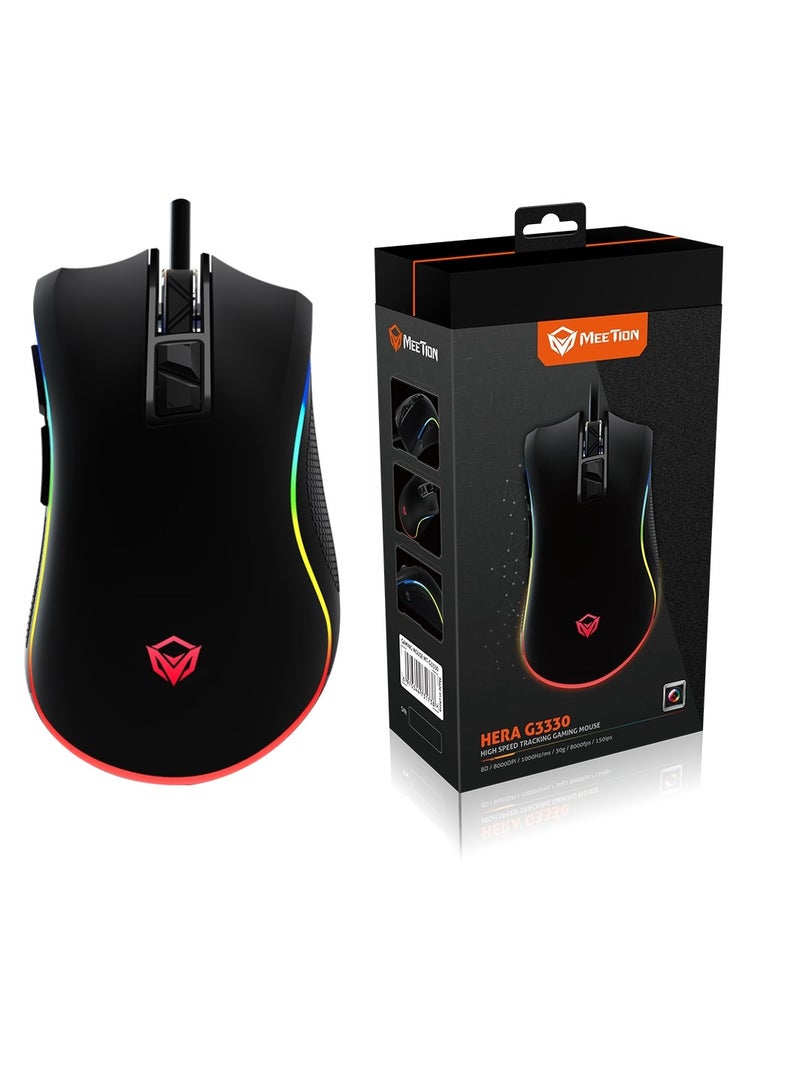 MT-G3330 RGB Gaming Mouse 8000 DPI Laser Sensor Tracking Gaming Mouse Programmable Customized RGB Light Matte Soft-Touch Plastic Gaming Mouse With Fire Button