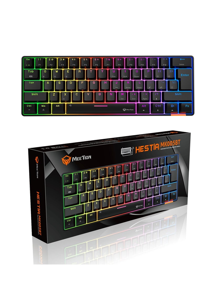 MT-MK005BT 60% Gaming Keyboard Wireless Keybroad 12 Multimedia Shortcuts Keys Bluetooth Keybroad With True Mechanical Fixed Shaft LED Backlight Brightness Adjustable Anti-Ghosting Mechanical Keyboard For Windows And Mac Black