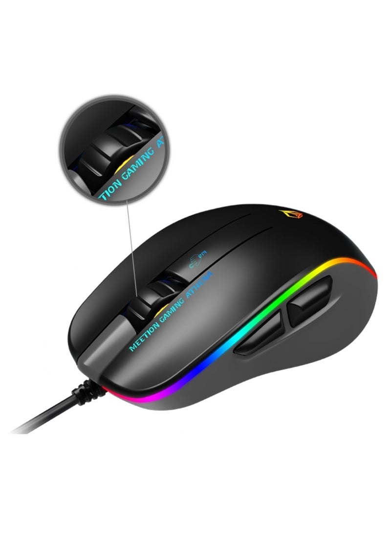 MT-GM23_2023 RGB Circulation Backlit Gaming Mouse 12800 DPI Tracking Gaming Mouse Programmable Customized RGB Light 3d Non-slip Roller Gaming Mouse Black