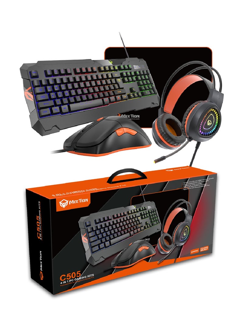 MT-C505 4 in 1 Gaming Combo Kit Anti Ghost RGB Gaming Keyboard 5+1 Buttons 3200DPI Gaming Mouse, Backlit Gaming Headphone With Omni Directional Microphone, High Precision Gaming Mouse Pad