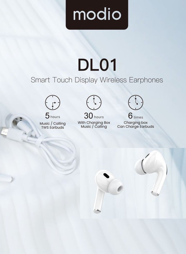 Modio DL01 Truewireless Earphone With Smart Touch Display Active Noise Cncellation and HD Microphone Compatible With Android Mobiles and Tablets