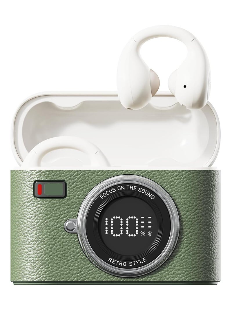 Open Ear Clip Headphones, Wireless Earbuds Bluetooth 5.4, Sport Clip-on Earphones, Light-Weight Headphones, with 4HD Mics, 65H Playtime & LED Display, Compatible with Android iOS/Samsung, Brown