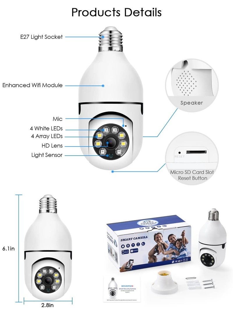 1080P Wireless Wifi Pan Tilt Light Bulb Security Camera 360 Degrees 3.0MP Cam Home Surveillance CCTV IP Camera With Night Vision Two Way Audio Smart Motion Detection