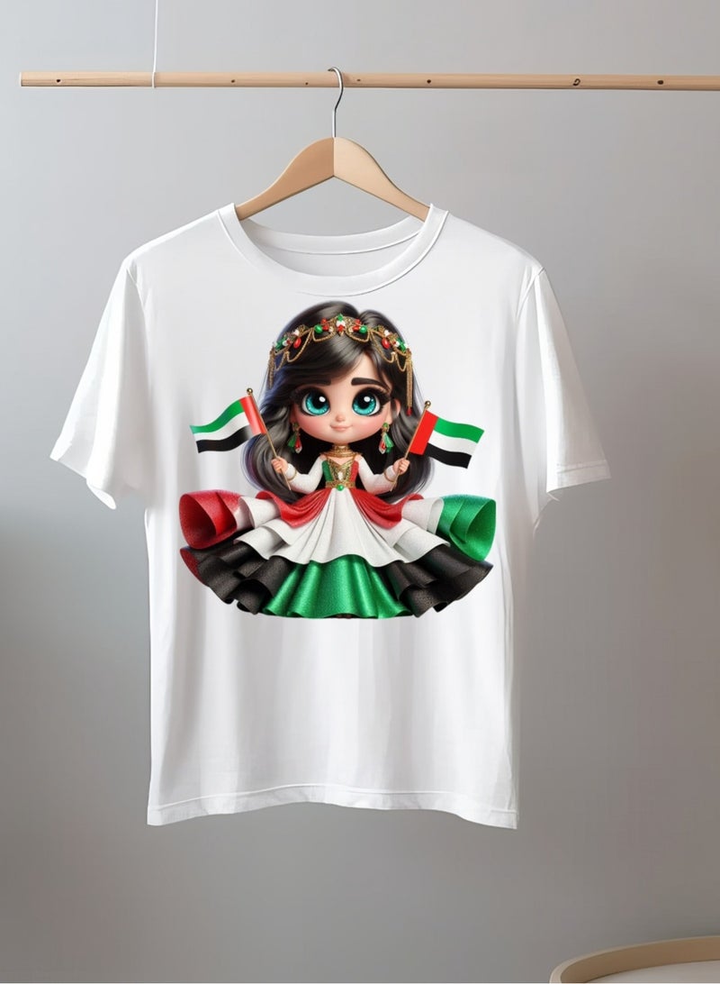 UAE NATIONAL DAY T-shirt For Girls With Cute Big Eyes Girls And A UAE Flag Day Outfit Costume