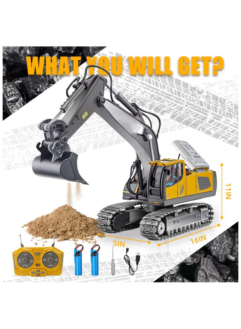 Remote Control Excavator, Toys for Boys Age 6-12, Rechargeable Construction Vehicles Truck with Sound Light Metal Shovel, Birthday for Kids