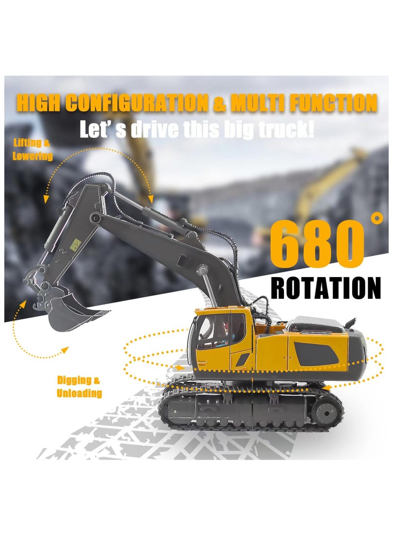 Remote Control Excavator, Toys for Boys Age 6-12, Rechargeable Construction Vehicles Truck with Sound Light Metal Shovel, Birthday for Kids