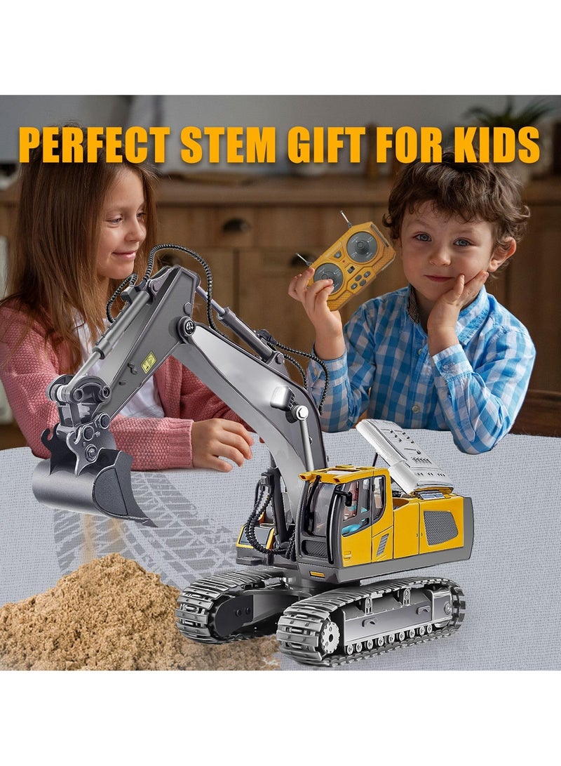 Remote Control Excavator, Toys for Boys Age 6-12, Rechargeable Construction Vehicles Truck with Sound Light Metal Shovel, Birthday for Kids