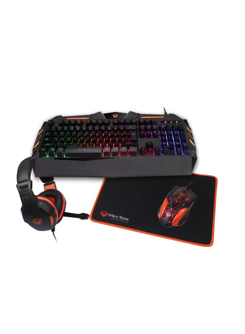 MT-C505 4 in 1 Gaming Combo Kit Anti Ghost RGB Gaming Keyboard 8 Buttons 3200DPI Gaming Mouse, Backlit Gaming Headphone With Omni Directional Microphone, High Precision Gaming Mouse Pad