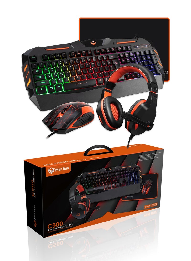 MT-C505 4 in 1 Gaming Combo Kit Anti Ghost RGB Gaming Keyboard 8 Buttons 3200DPI Gaming Mouse, Backlit Gaming Headphone With Omni Directional Microphone, High Precision Gaming Mouse Pad