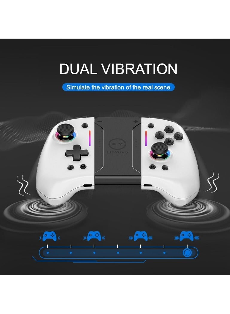 Classic Gamepad Linyuvo Joy Con Bluetooth Game Controller Compatible with Switch, Switch Lite, Switch OLED Color RGB Light Six-Axis Gyroscope Turbo Function Adjustment Dual Vibration White