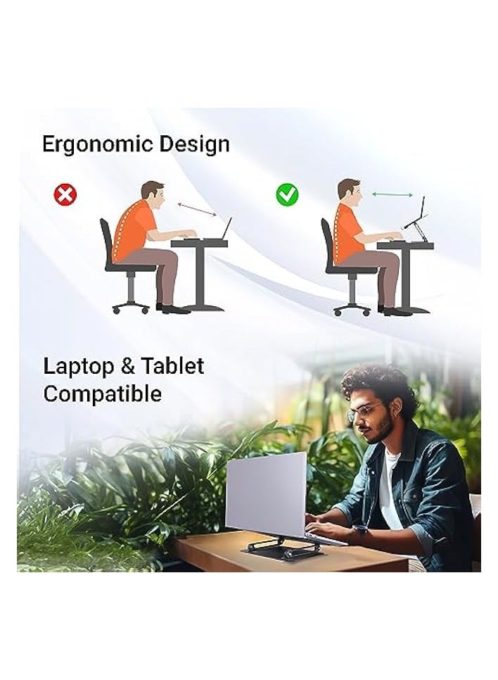 Portable Laptop & Tablet Stand Supports Upto 17” with Max. 5KG Support, Anti-Slip Silicone Pads, Foldable Design, Multi Angle Adjustment, Carbon Steel Body