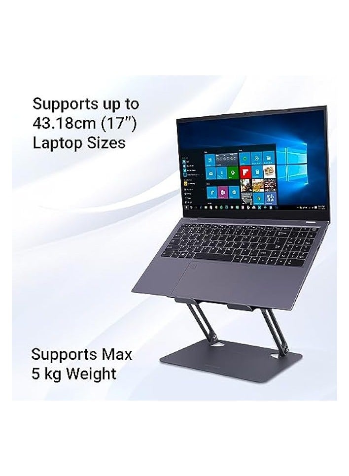 Portable Laptop & Tablet Stand Supports Upto 17” with Max. 5KG Support, Anti-Slip Silicone Pads, Foldable Design, Multi Angle Adjustment, Carbon Steel Body