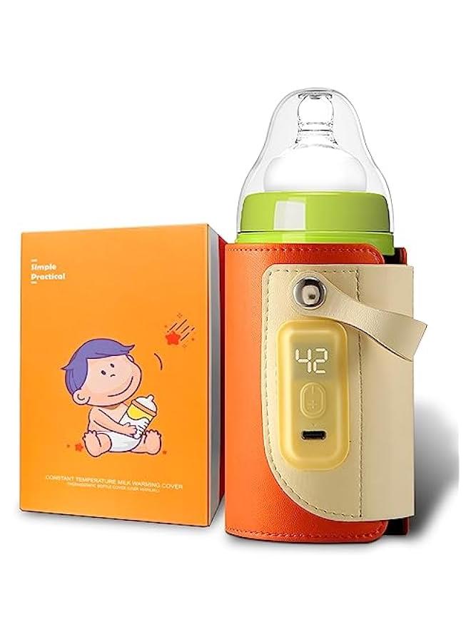 Portable Bottle Warmer for Travel - 38-50℃ Adjustable - Mini Baby Bottle Heater for Breastmilk Powder Milk Water, Fast Night Feeding Milk Warmer for Newborn, Orange, Gears for 38/40/42/46/50℃