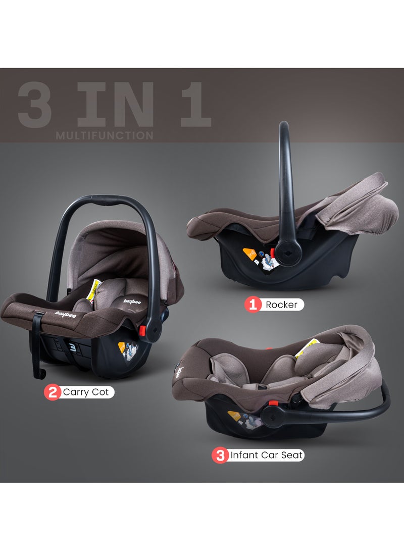 BAYBEE 3 in 1 Multi Purpose Baby Carry Cot n Car Seat with Handle, Canopy, Adjustable Handle, 3 Point Safety Belt Rocker for Infant Baby Carry Cot for New Born Baby 0 to 15 Months Brown