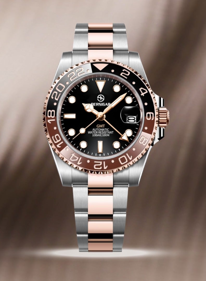 Bersigar BG-1662  Stainless Steel Automatic Water Resistant Watch Two Tone Rose GMT