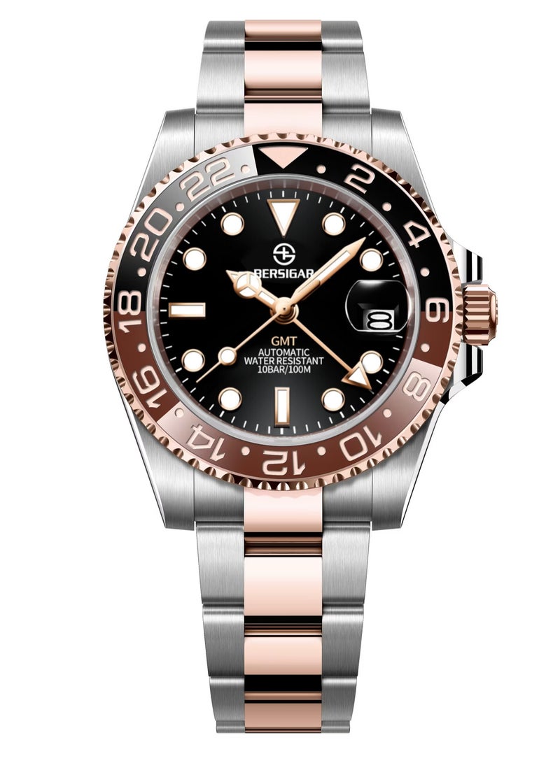 Bersigar BG-1662  Stainless Steel Automatic Water Resistant Watch Two Tone Rose GMT