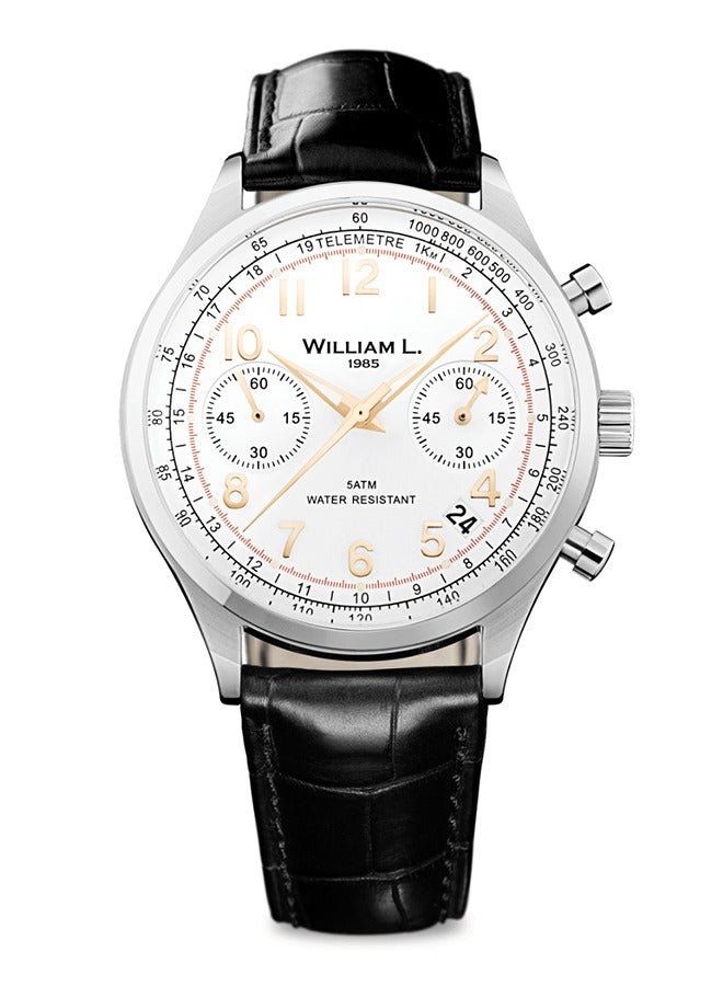 William L. 1985 Men's Vintage Style Chronograph Bicolor Stainless Steel with White Dial and Black Croco Strap Watch - WLAC01BCORCN