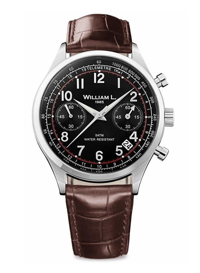 William L. 1985 Men's Vintage Style Chronograph Stainless Steel with Black Dial and Brown Croco Strap Watch - WLAC01NRCM