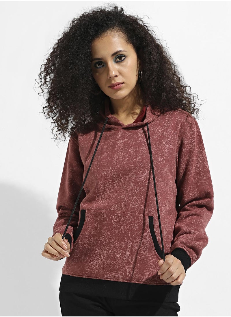 Women's Brown Printed Hoodie With Contrast Hem