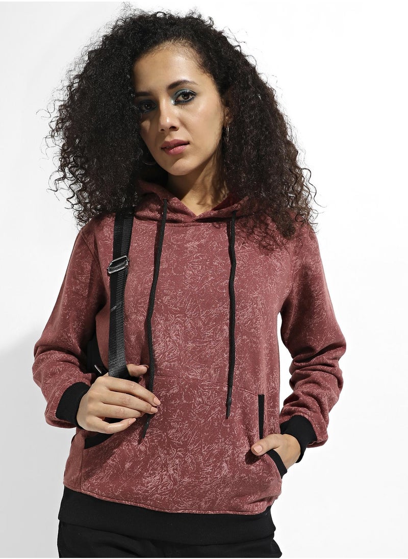 Women's Brown Printed Hoodie With Contrast Hem