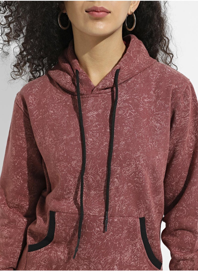 Women's Brown Printed Hoodie With Contrast Hem