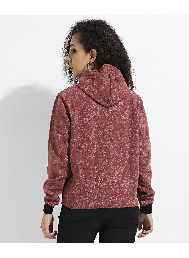 Women's Brown Printed Hoodie With Contrast Hem