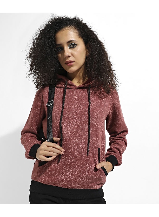 Women's Brown Printed Hoodie With Contrast Hem