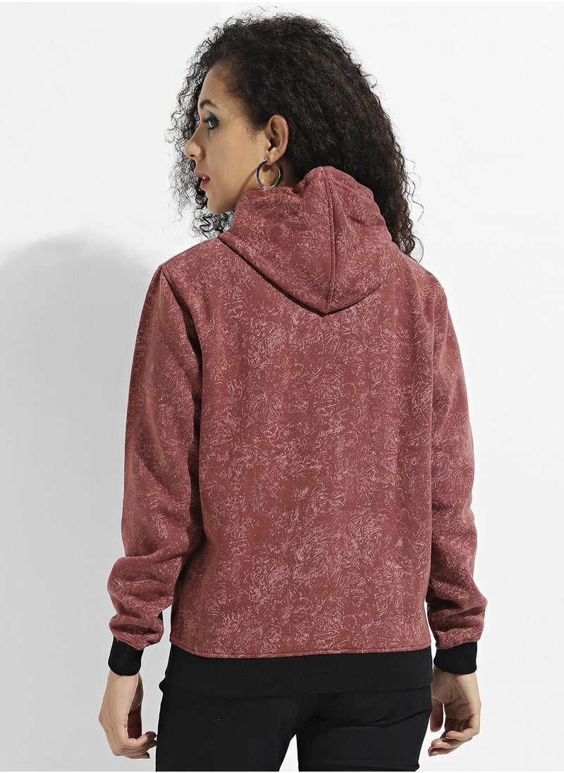 Women's Brown Printed Hoodie With Contrast Hem