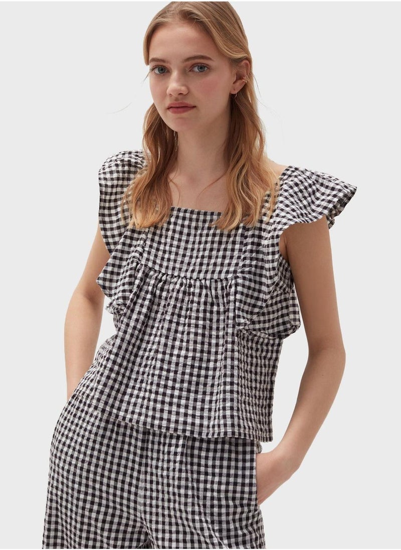 Checked Ruffle Sleeve Top