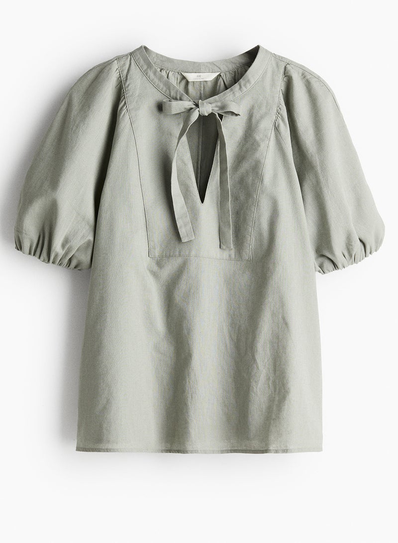 Linen-Blend Tie-Neck Blouse