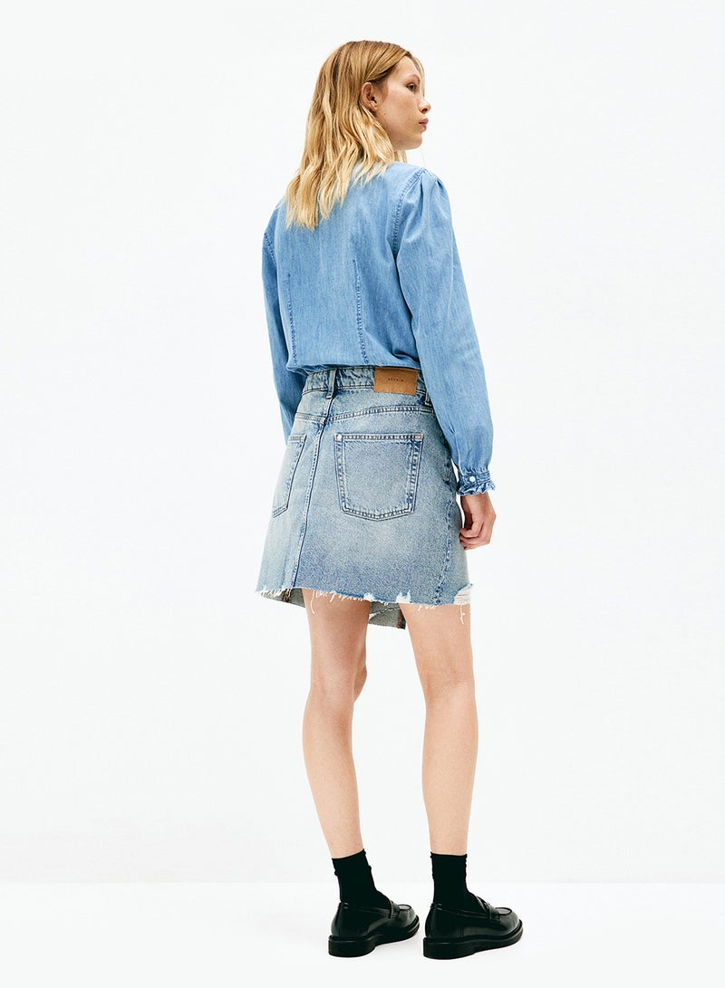 Frill-Trimmed Denim Blouse