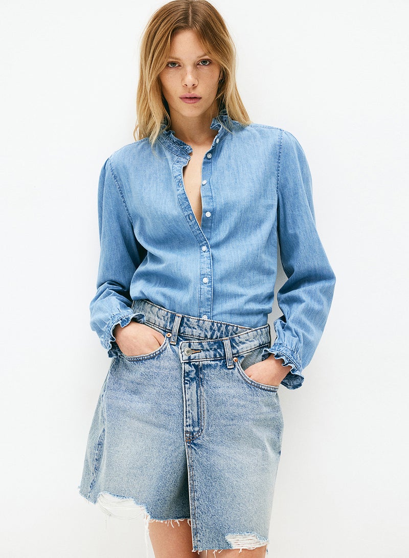 Frill-Trimmed Denim Blouse