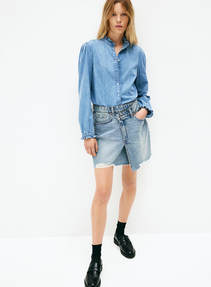 Frill-Trimmed Denim Blouse