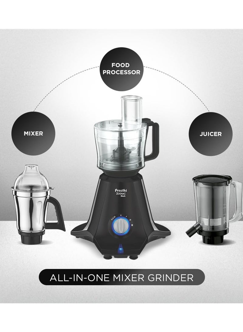 Preethi Zodiac Black Mixer Grinder for Kitchen, 5 Jars 750 Watt Mixie with Chutney Jar, Dry Grinding, Batter Grinding, Juicer & Masterchef Jar for chopping/grating (MG-261)