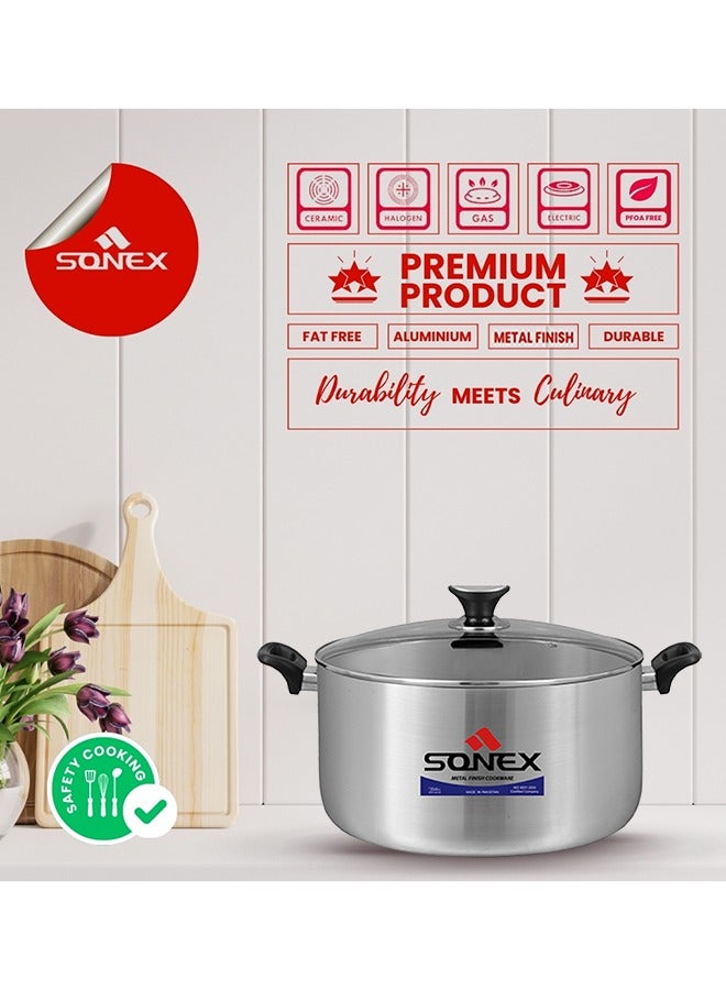 Sonex Premium Aluminium Casserole with Glass Lid and Ergonomic Bakelite Cool Handle – 24 cm (5 Ltr), Sleek Metal Finish, Durable Construction, See-Through Lid for Easy Monitoring, Dishwasher Safe