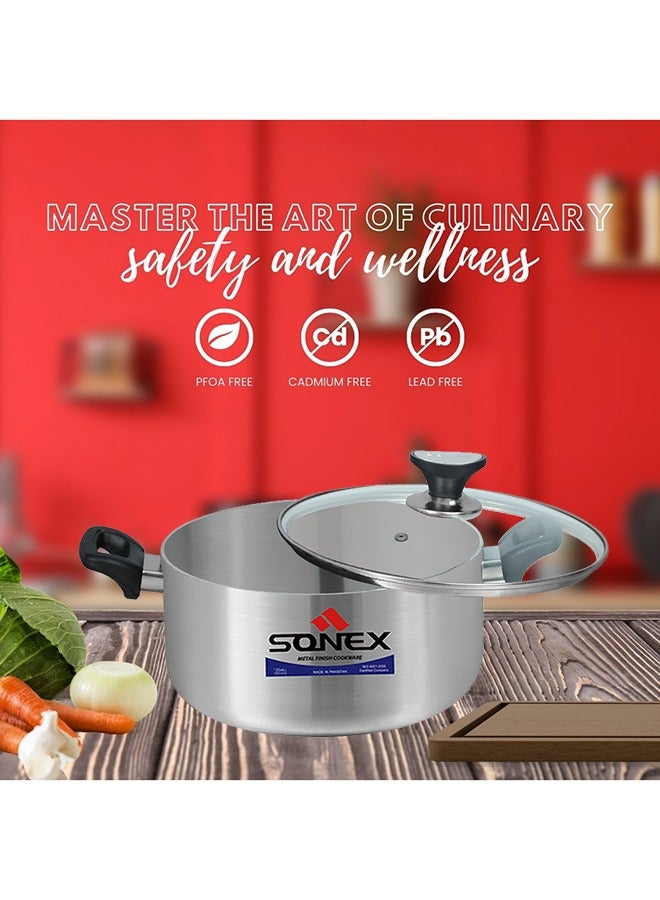 Sonex Premium Aluminium Casserole with Glass Lid and Ergonomic Bakelite Cool Handle – 24 cm (5 Ltr), Sleek Metal Finish, Durable Construction, See-Through Lid for Easy Monitoring, Dishwasher Safe