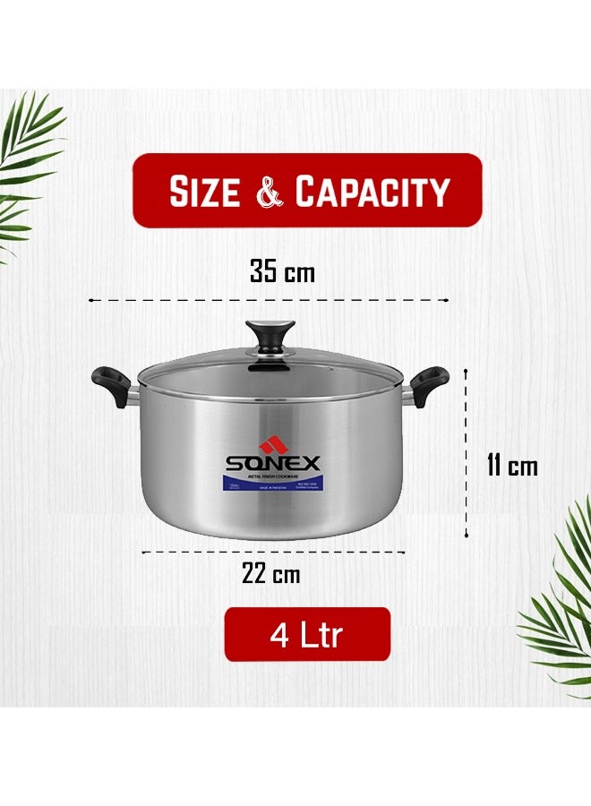 Sonex Premium Aluminium Casserole with Glass Lid and Ergonomic Bakelite Cool Handle – 22 cm (4 Ltr), Sleek Metal Finish, Durable Construction, See-Through Lid for Easy Monitoring, Dishwasher Safe