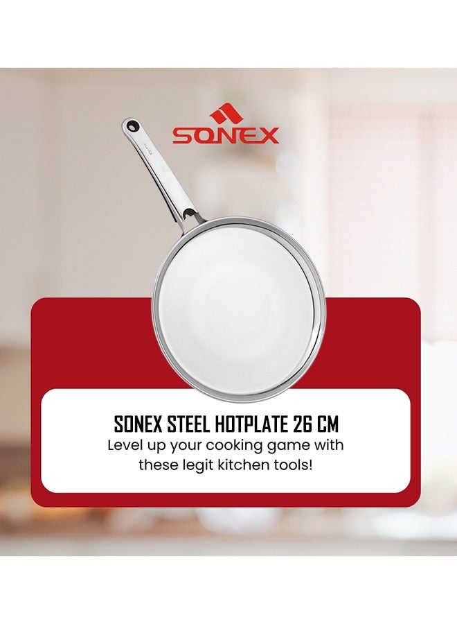 SONEX Stainless Steel Flat Griddle Pan with Stay Cool Handle – 26 cm, Triply Sandwich Bottom, Perfect for Dosa, Crepes & Pancakes,  Durable Low-Edge Design, Even Heat Distribution, Frying Pan, Tawa