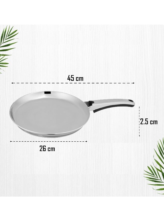 SONEX Stainless Steel Flat Griddle Pan with Stay Cool Handle – 26 cm, Triply Sandwich Bottom, Perfect for Dosa, Crepes & Pancakes,  Durable Low-Edge Design, Even Heat Distribution, Frying Pan, Tawa