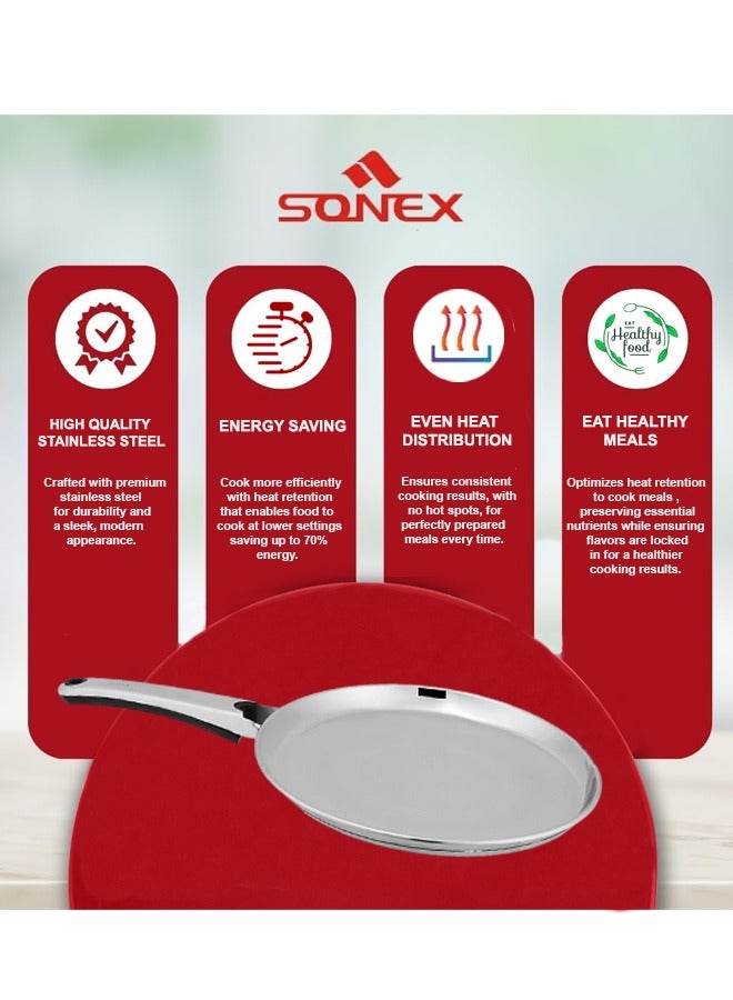 SONEX Stainless Steel Flat Griddle Pan with Stay Cool Handle – 26 cm, Triply Sandwich Bottom, Perfect for Dosa, Crepes & Pancakes,  Durable Low-Edge Design, Even Heat Distribution, Frying Pan, Tawa