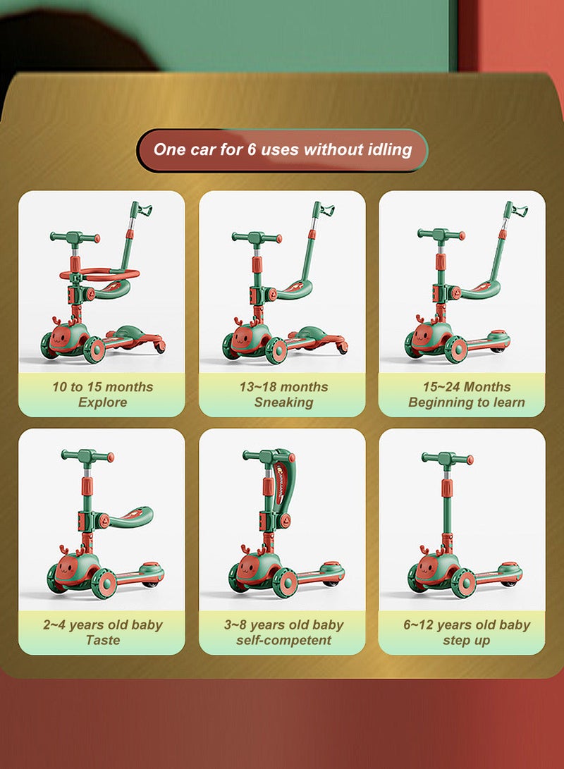 Kids Scooter 6-in-1 Children's Scooter with Adjustable Seat, Baby Scooter for 1-3-6 Years Boys Girls，with Lights Foldable Kids Toys