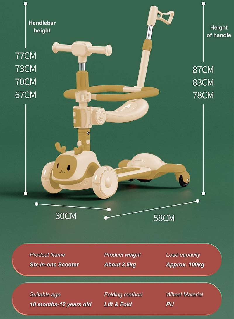 Kids Scooter 6-in-1 Children's Scooter with Adjustable Seat, Baby Scooter for 1-3-6 Years Boys Girls With Lights Foldable Kids Toys