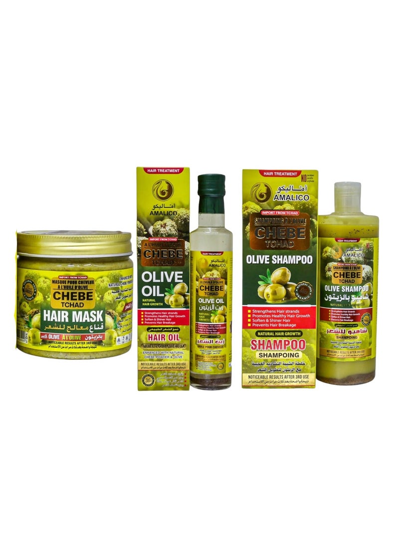 Amalico hair set pack of 3, Chebe Hair Oil Olive 250ml, Chebe Olive Oil Shampoo 500ml, Chebe Olive Oil Hair Mask 300ml.