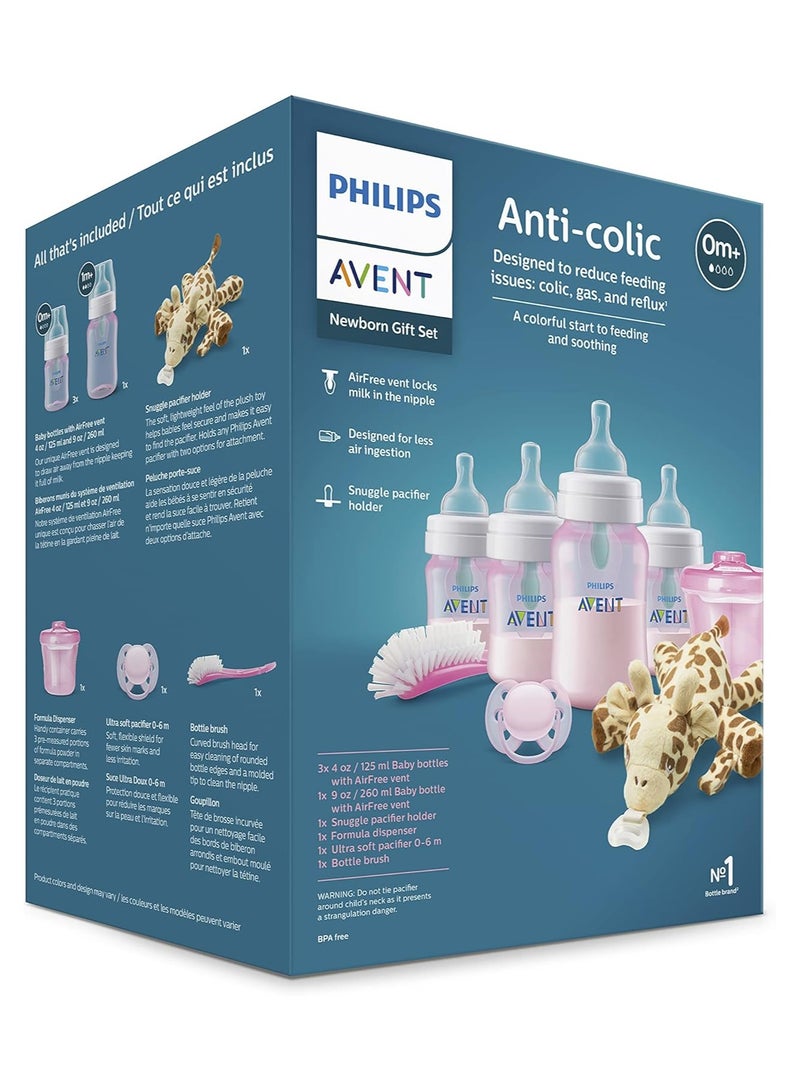 Anti-Colic Baby Bottle with AirFree Newborn Gift Set with Snuggle, Pink