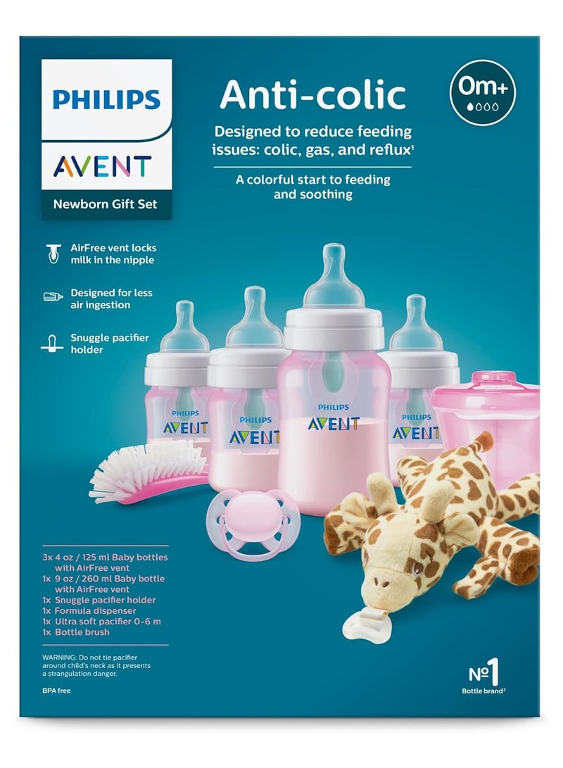 Anti-Colic Baby Bottle with AirFree Newborn Gift Set with Snuggle, Pink