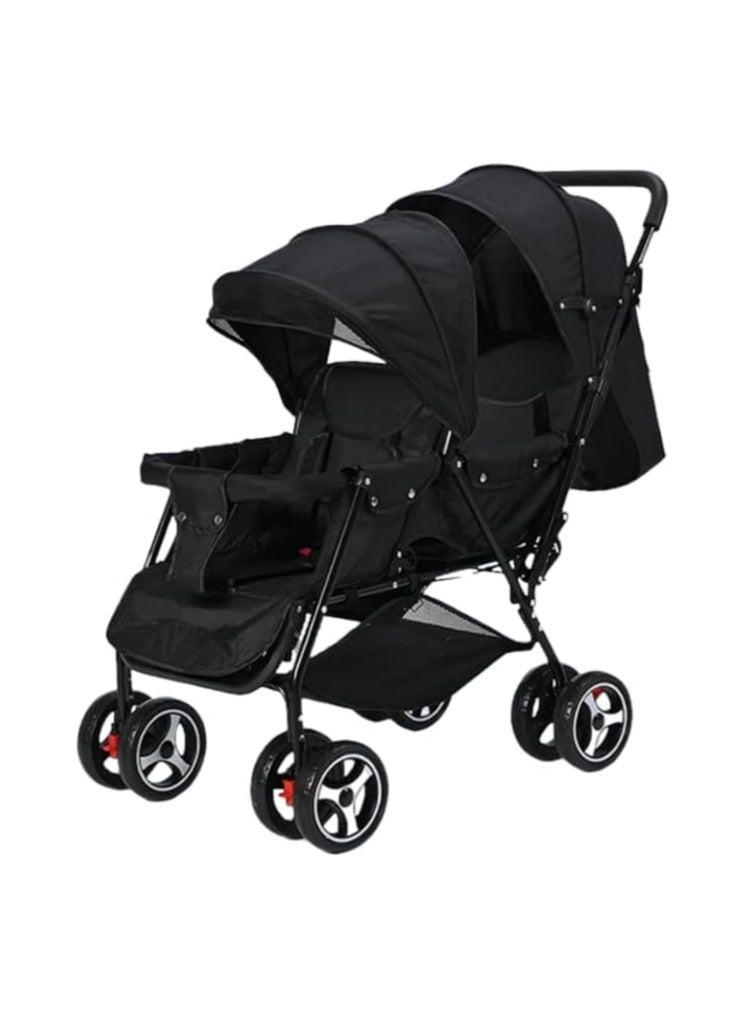 Foldable Double Baby Stroller With 2 Seat Black