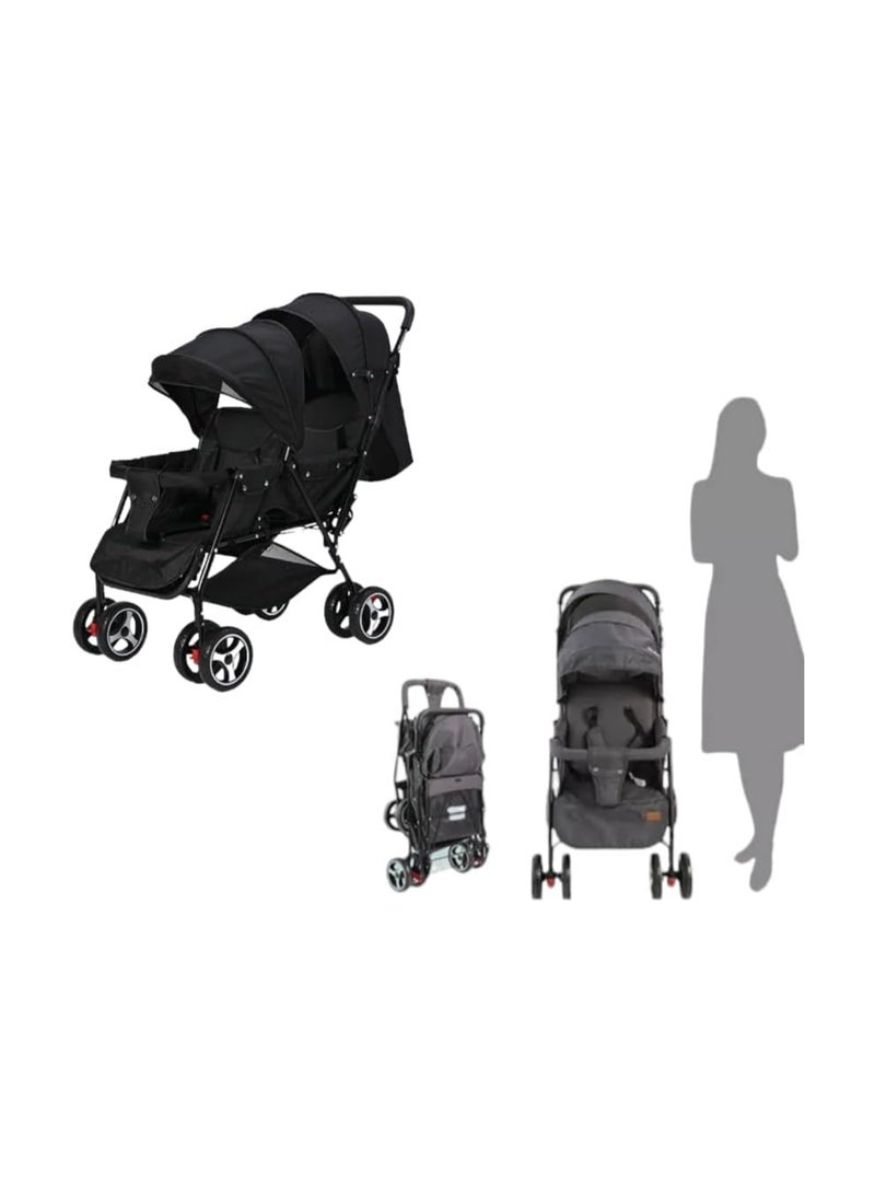 Foldable Double Baby Stroller With 2 Seat Black