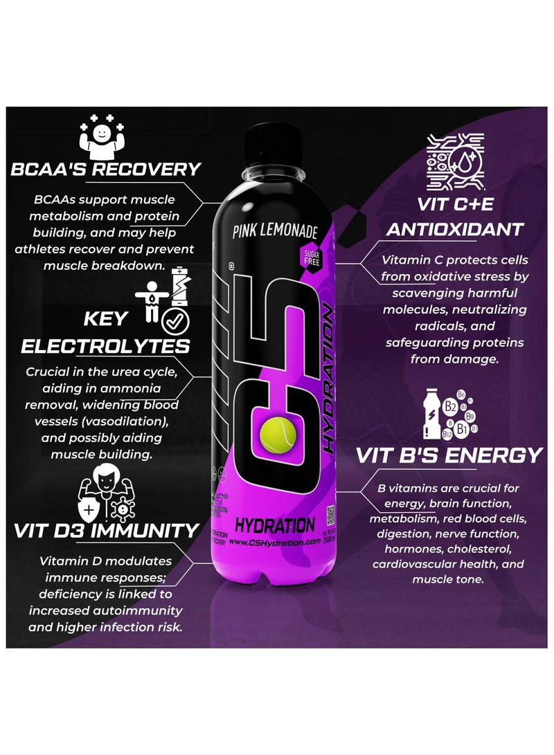 C5 Hydration Key Electrolytes Vit B's Energy Vit C E Antioxidant Vit D3 Immunity (Full Box 12 Bottles Pink Lemonade)