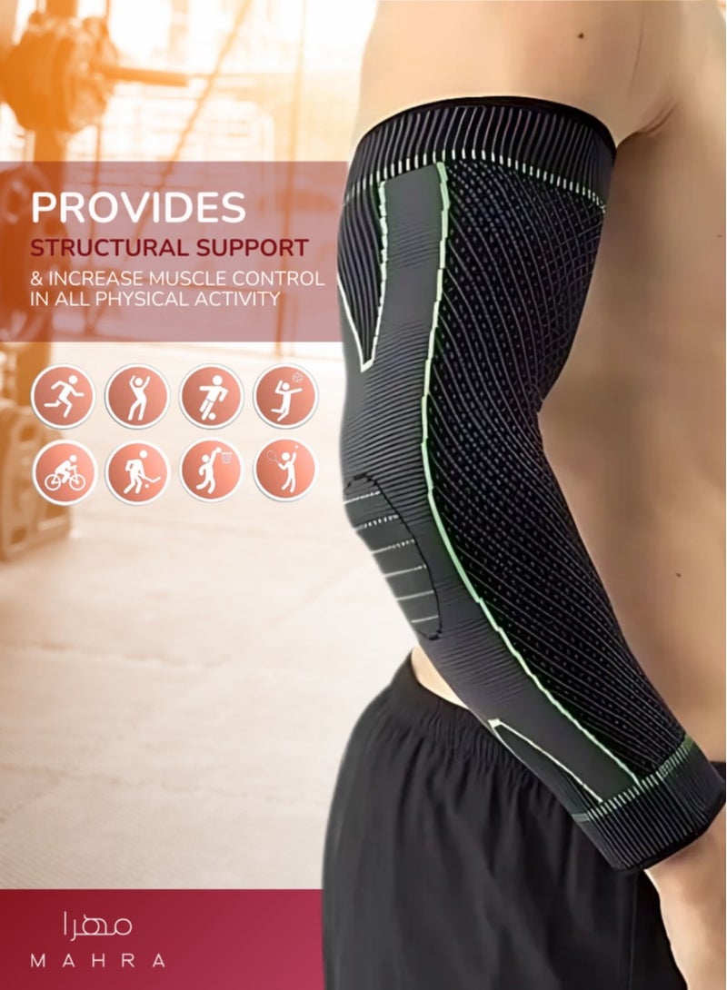 Set of 2 Pairs | Long Knee and Elbow Support Kit | Black with Green Stripes | Includes 2 Knee Braces and 2 Elbow Braces | Full-Length Compression Sleeves for Athletics, Injury Recovery, Arthritis, Tendonitis, Pain Relief, Adjustable Fit | Unisex