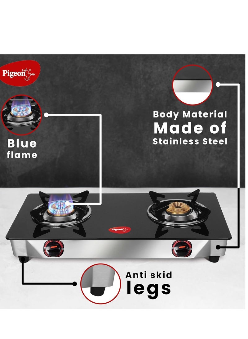 Pigeon by Stovekraft Favourite Glass Top 2 Burner Gas Stove, Manual Ignition (Black)